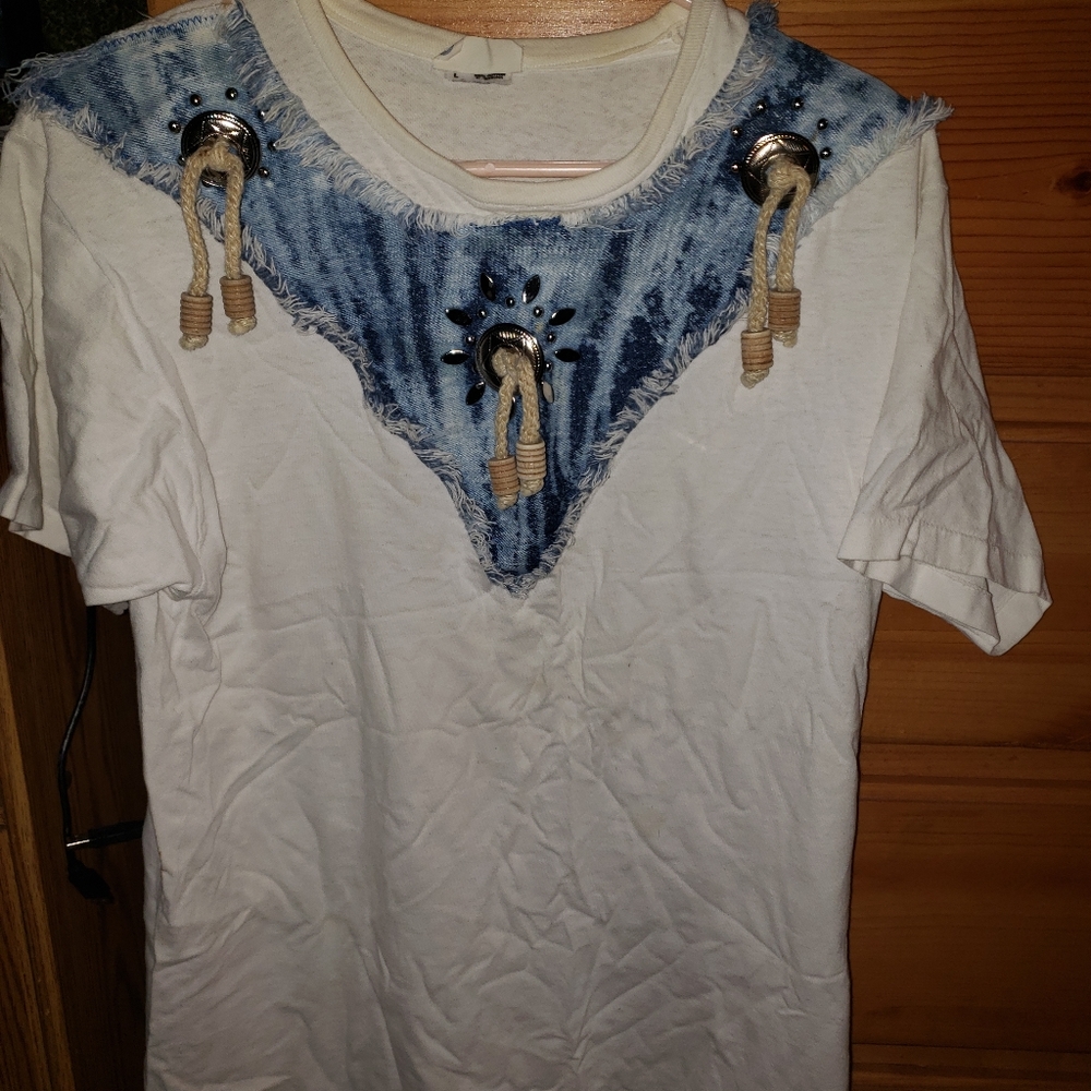 Vintage 80s Womens Cowboy Cowgirl Shirt Tassles and Buckles Embellishments Large